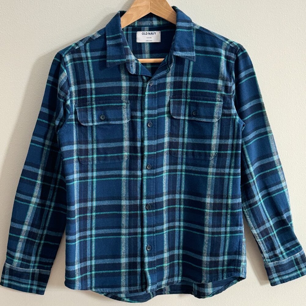 Old Navy Boys Long Sleeve Plaid Flannel Utility Pocket Shirt - Blue - XL